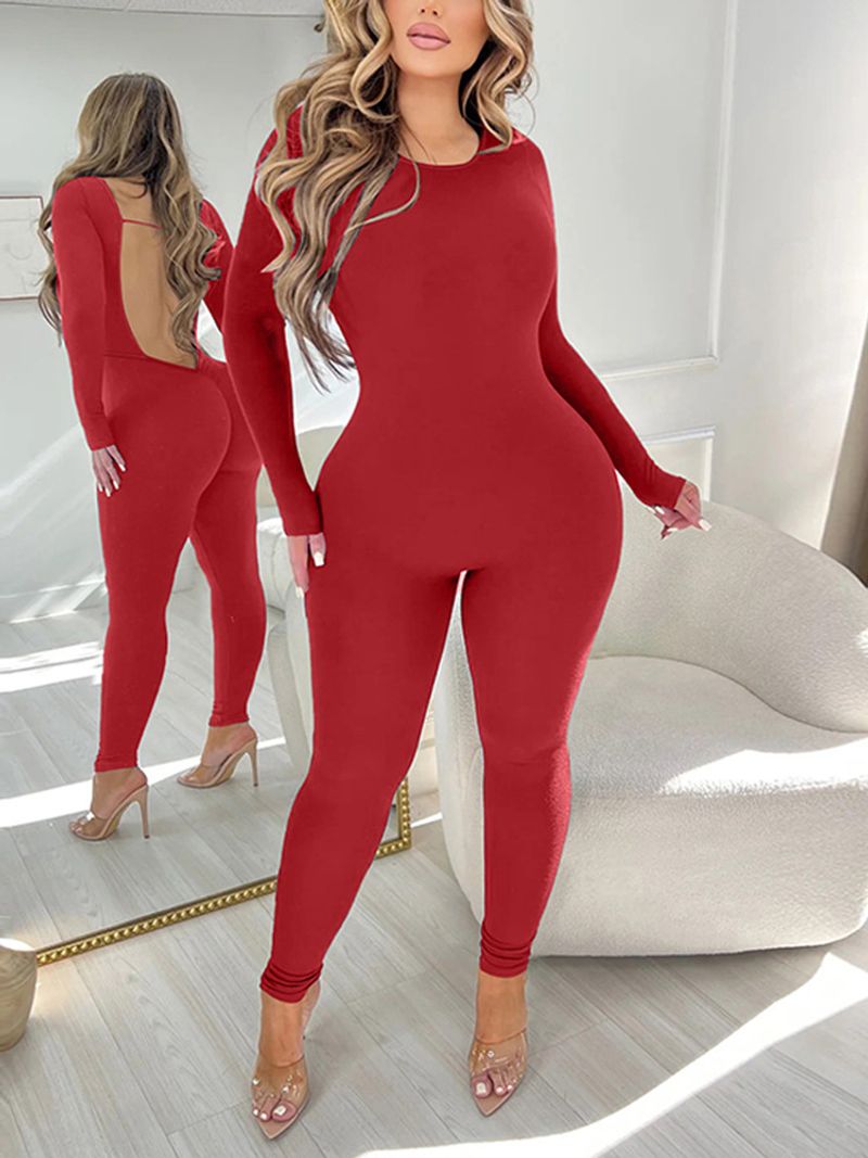 Wind Sexy Backless Pleated Slim Fit Long Sleeved Round Neck Pullover Waist Shaping Jumpsuit for Women_voghion.com