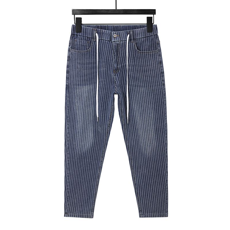 Spring And Summer New Large-size Men's Clothing Line Color Matching High-elastic Small Straight Jeans Men's Drawstring Waist Hard-grain Men's Pants_voghion.com