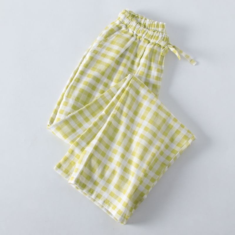 Women's Minimalist Japanese Style Plaid Spring & Fall Double Layer All Cotton Pama Pants_voghion.com