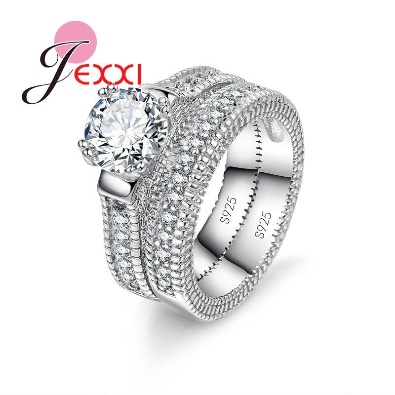 Elegance Sterling Sier 2 PCS Ring Set Paved Full High Quality Shiny Crystals Anel For Women Bride Wedding Jewelry_voghion.com