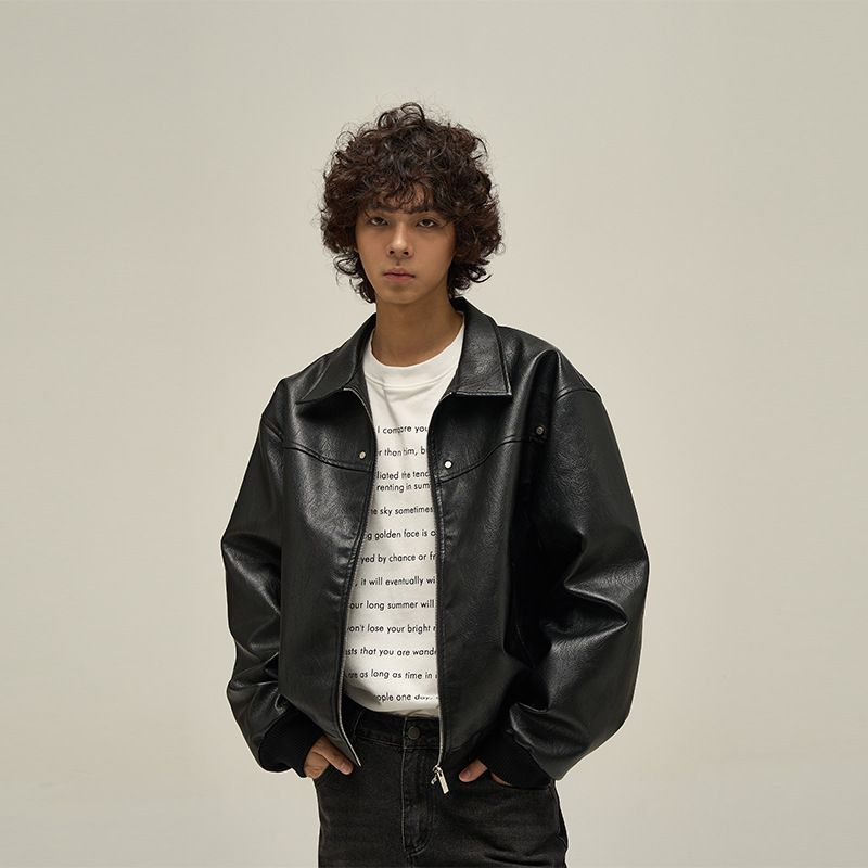 Men's Leather Jacket Distressed PU Bomber Coat With Stand Collar Relaxed Fit, Casual Workwear Jacket For Spring & Fall (Black, Grey, Tan, Dark )​_voghion.com