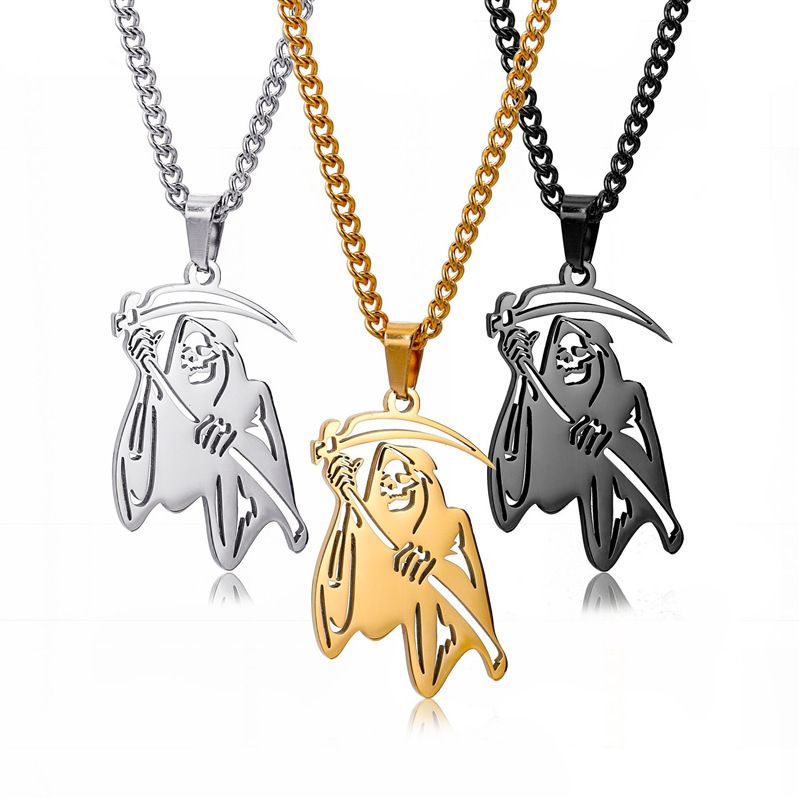 Personalized Creative Exaggerated Halloween Collection Accessories Skeleton Death Sickle Pendant Titanium Steel Necklace,Halloween Gifts_voghion.com
