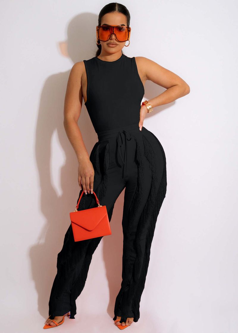 Gilet sans manches pour femmes, ensemble deux pièces décontracté avec franges et corde à dessiner, couleur unie_voghion.com