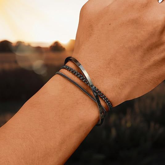 New Fashion Stackable Cuff Stainless Steel 3-Piece Layered Bangle Snake Cuban Chain Bracelet Set_voghion.com