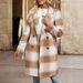 Women's Oversized Trench Coat - Vintage Checkered Wool Blend Long Coat With Notch Lapel (Khaki, S-XL)_voghion.com