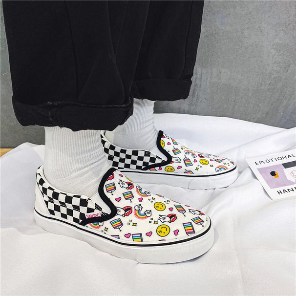 2023 Scarpe da donna estive Graffiti Ragazze Set Piedi Motivo a scacchiera Panno dipinto a mano stampato un piede scarpe di tela scarpe da ginnastica per studenti_voghion.com