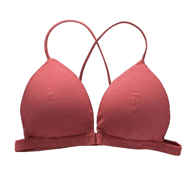 Weizhifu Women Solid Color Simple Bra Triangle Cup Thin Straps Wrapping Chest Front Buckle Wireless Ribbed Bra Sexy Sports Cross Back Bra_voghion.com