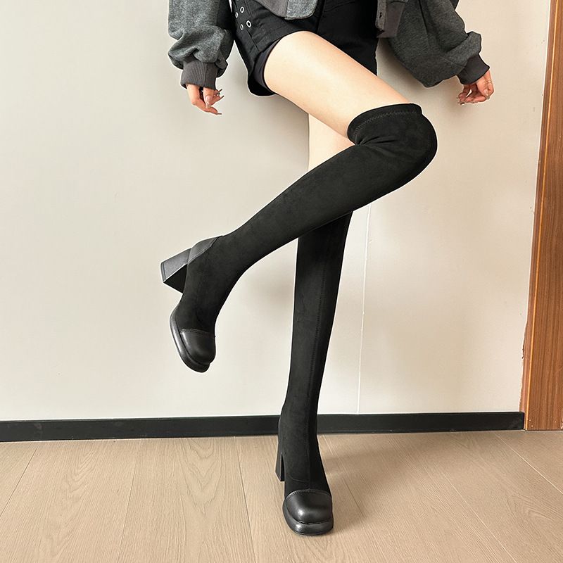 Neu Guine Leder Chunky Heel Wasserdichte Plattform Schaffell Über-die-Knie Vier-Weg Stretch Nicht-Slip Schlank_voghion.com