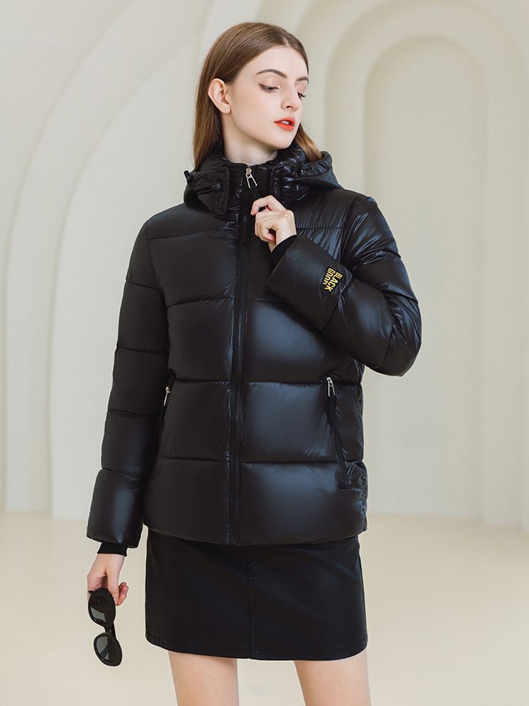 Women's Winter Short Puffer Jacket With Built-in Heating, Black Gold Quilted Coat, Thickened Warm Outwear_voghion.com