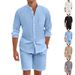 Herren-Set aus Leinenhemd und Shorts – langärmlige hawaiianische Strandkleidung, locker sitzendes, lässiges Sommeroutfit_voghion.com