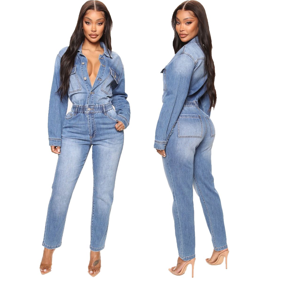 Dametøj vaskede moderigtige langærmede jumpsuit jeans_voghion.com