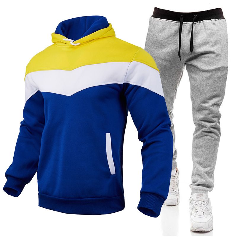 2023 Splicing Hoodie Pants Set with Velvet Warm Sweatshirt Pullover for Autumn and Winter_voghion.com
