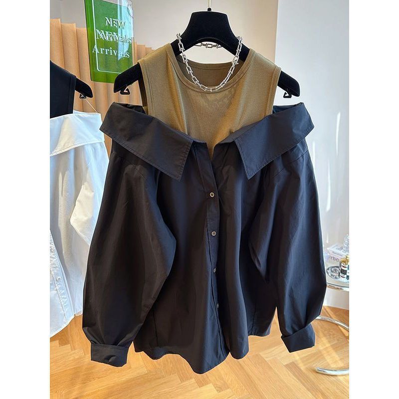 Women's Clothing Two Piece Off Shoulder Shirt Fat Girl Slim Top Loose Vest Splicing Long Sleeved Shirt_voghion.com