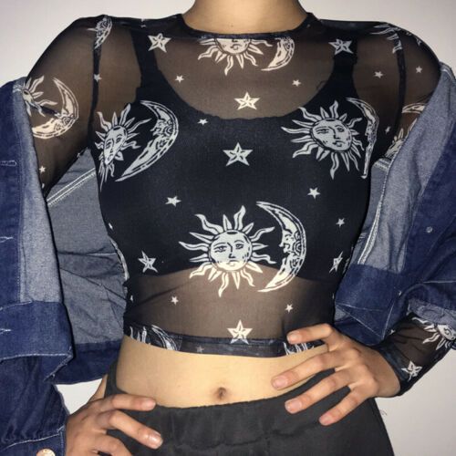 Women's new star and moon printed mesh perspective T-shirt jacket_voghion.com