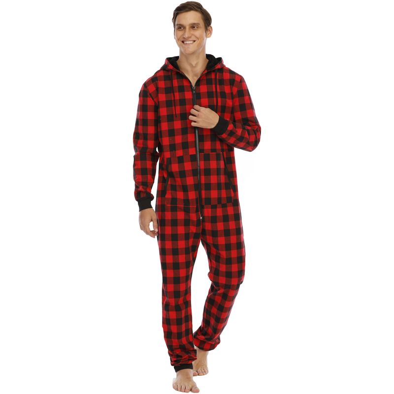 men's flannel plaid hooded jumpsuit home clothes pajamas_voghion.com