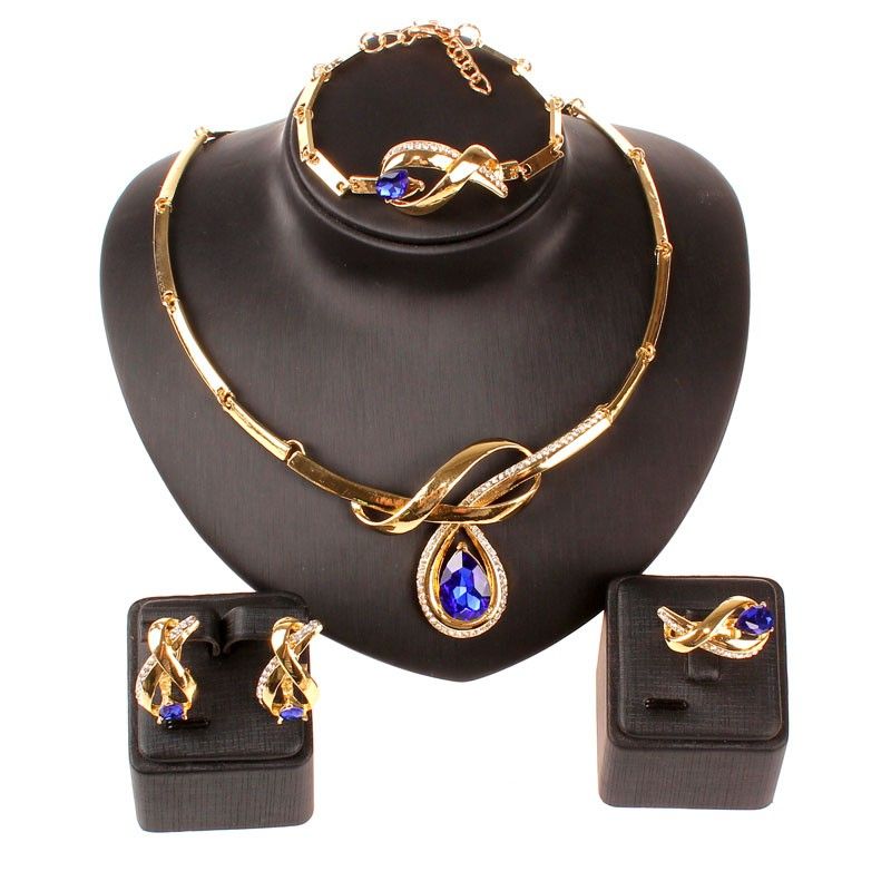 Afrikanische Perlen Feines Schmuckset Goldfarbe Klarer österreichischer Kristall Frauen Hochzeit Halskette Armband Ohrring Ring_voghion.com
