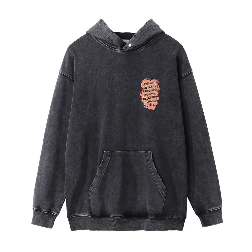 Street Style Hip-Hop Flame Dice Print Hooded Sweatshirt Men's Loose Washed Vintage Distressed Hoodie_voghion.com
