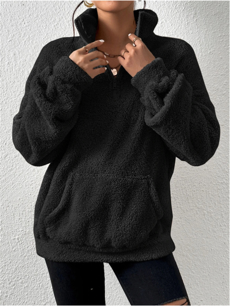 Women's fluffy plus fleece stand collar hoodie casual top_voghion.com