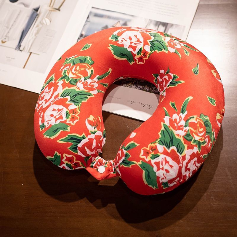 Cuscino a forma di U per dormire in viaggio, in cotone, con motivo a fiori grandi del nord-est, per collo e aeroplano_voghion.com