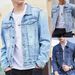 Men's Denim Jacket With Floral Print, Loose Fit Casual Long Sleeve Shirt Coat For Spring & Autumn, Youth Trendy Open Front Coat_voghion.com