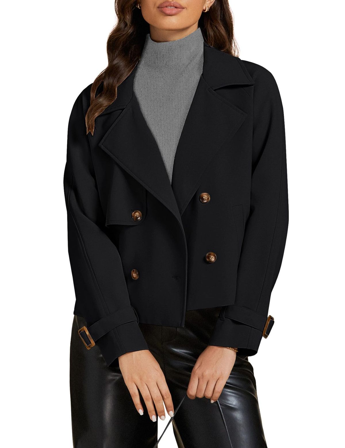 Kurze Windjacke für Damen im Herbst und Winter, langärmelig, zweireihig, Revers, Freizeitjacke_voghion.com