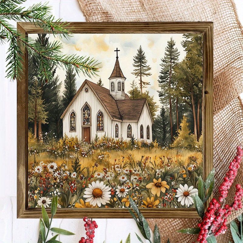 8x8" Rustykalny Biały Kościół Drewniany Znak - Farmhouse Wildflower Wall Art Do Salonu/Biura, Idealny Prezent Na Święta_voghion.com