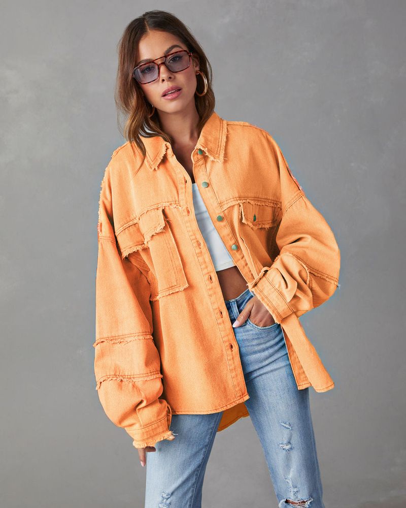 Distressed Denim Jacket Women's Oversized Workwear Coat With Raw Hem & Patchwork Design, Comfortable Casual Streetwear For Fall_voghion.com