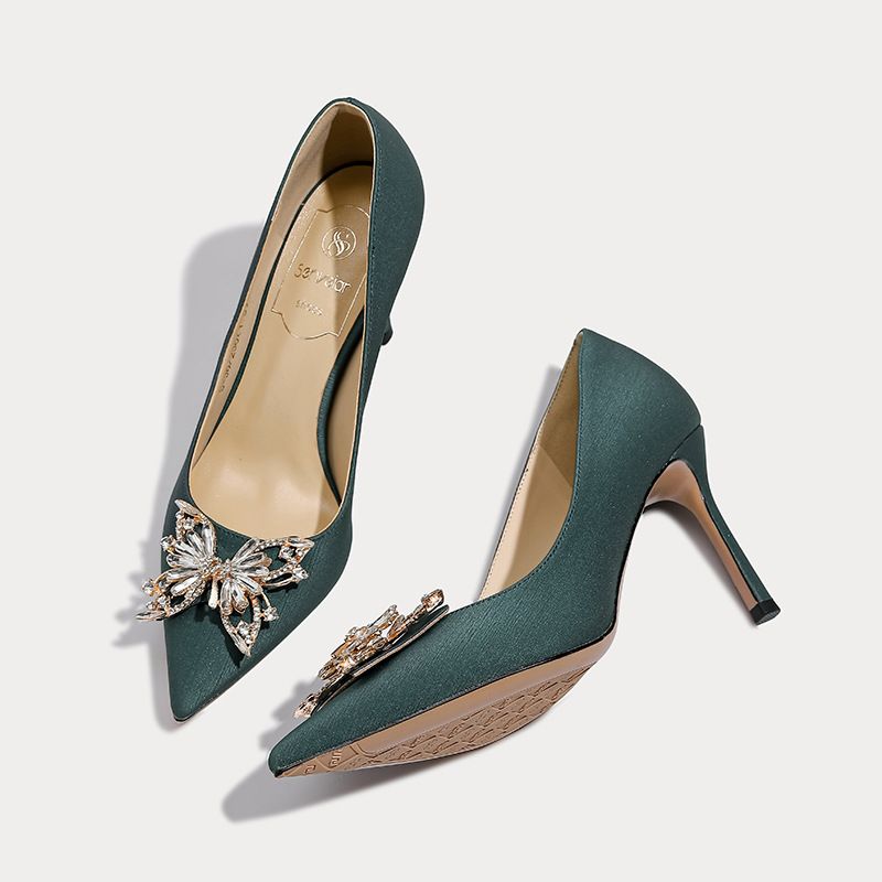 Zapatos de tacón alto para mujer, nuevo estilo de otoño, tacón de aguja azul marino, lazo puntiagudo, temperamento de diamantes de imitación, zapatos de moda casual de alta sociedad_voghion.com