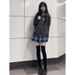Autumn college style dark gray JK uniform jacket knitted sweater cardigan long sleeved top soft girl set_voghion.com