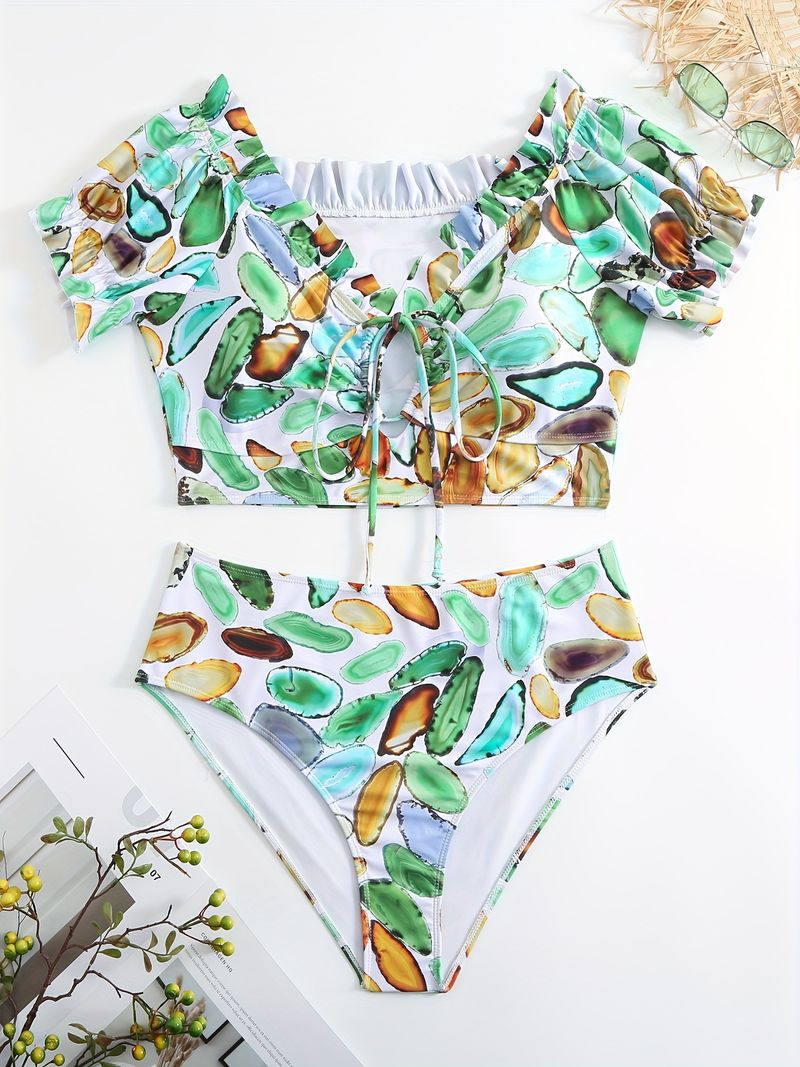 ​Floral Print Plus Size Bikini Set - Elegant Puff Sleeve Swimwear For Women (High Waist Adjustable Ties Upf 50+)​​_voghion.com
