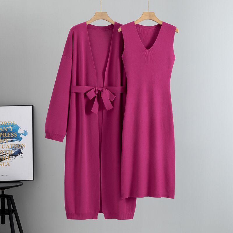 Vêtements pour femmes Mode Tempérament Costume Tricoté Cardigan Veste Gilet Sans Manches Robe Deux Pièces Costume Femme Printemps_voghion.com