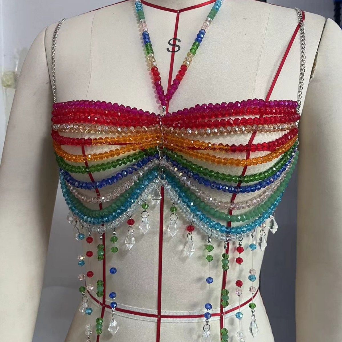 Lanț de piept decorativ pentru femei, cu mărgele colorate, pentru sutien agățat la gât, maiou mic, la modă_voghion.com