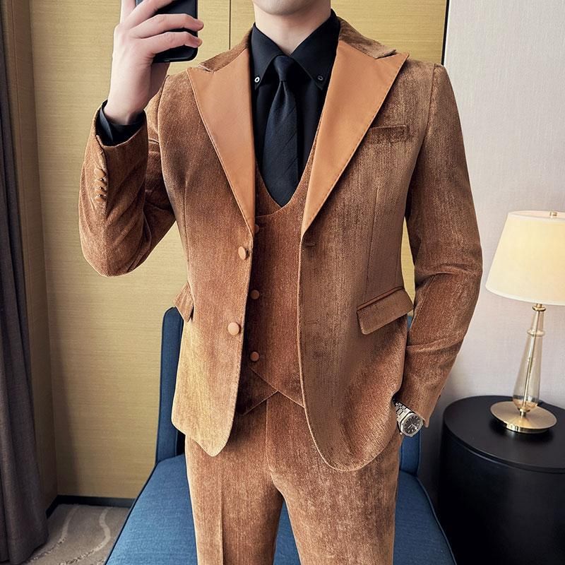 Miesten vaatteet Syksyn ja talven Suunnittelijanahkapuvut Retro Huippumuoti Slim Fit Kolmiosaiset puvut_voghion.com