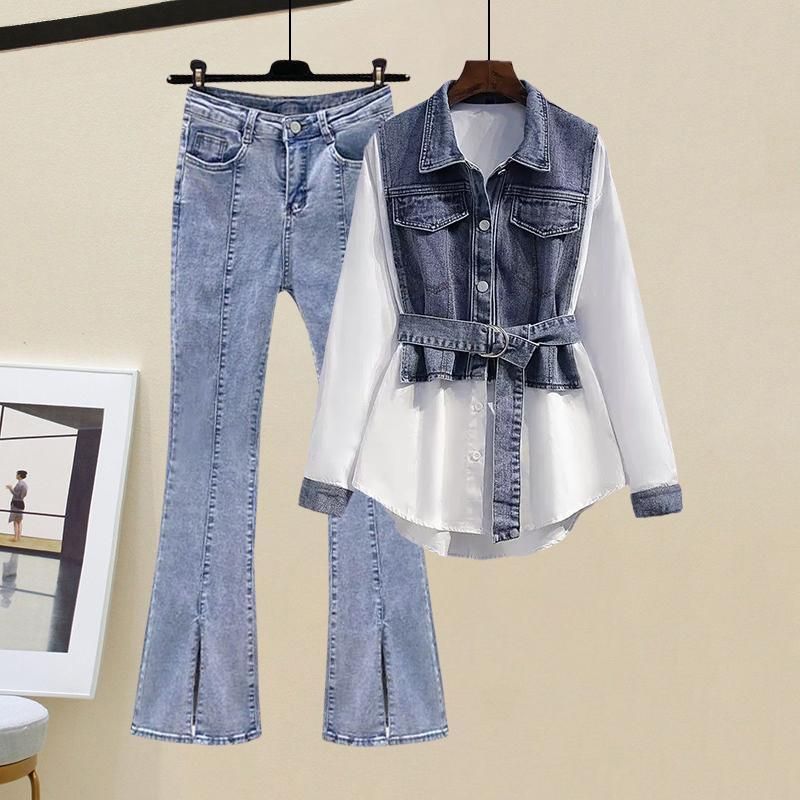 Vêtements pour femmes Vêtements pour femmes grande taille Nouveau design haut de gamme Chic Deux pièces Chemise ample en jean à manches longues Pantalon deux pièces_voghion.com