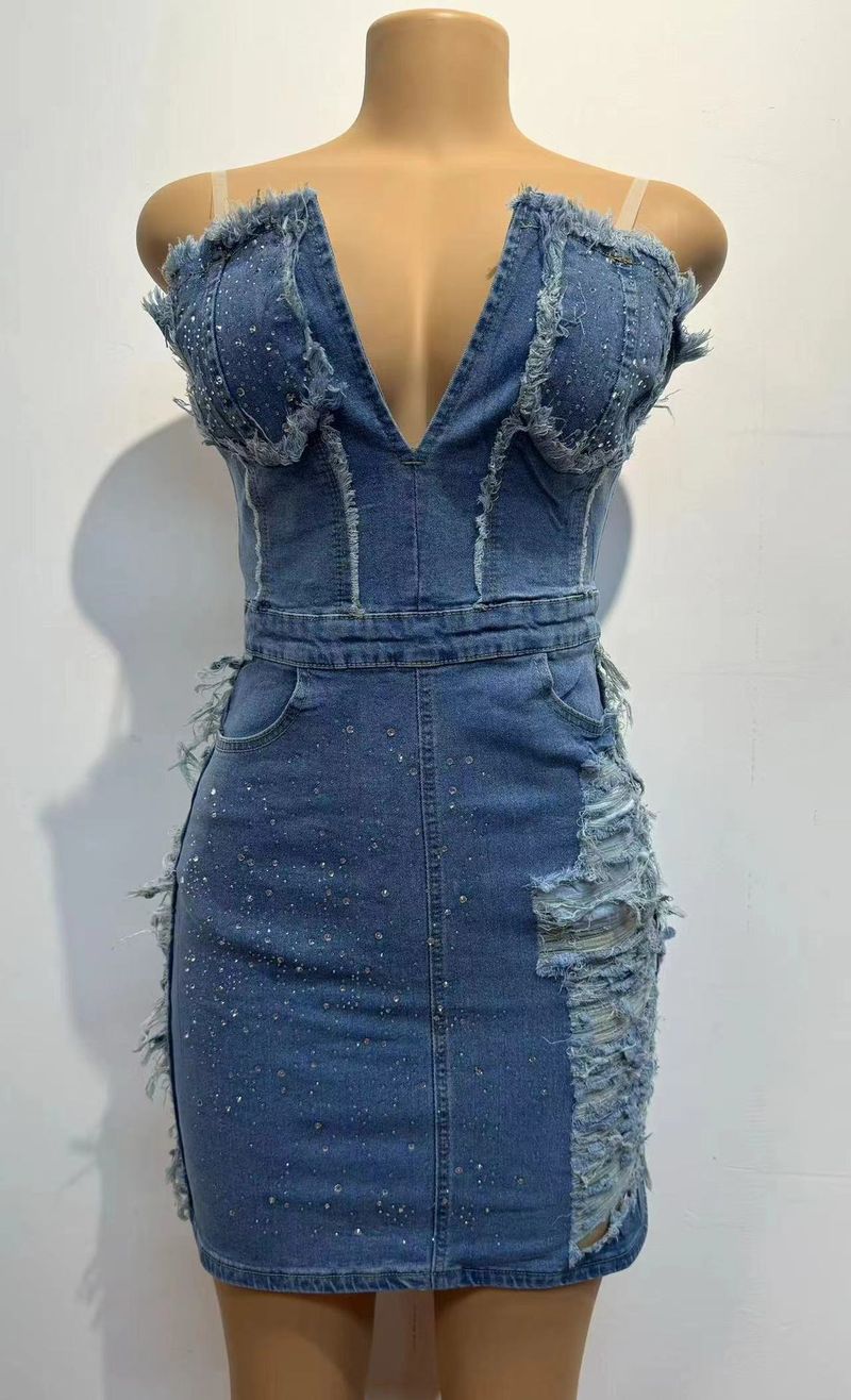Vêtements pour femmes sexy trou creux fermeture éclair chaud diamant tube haut cache-cœur poitrine denim robe combinaison femmes_voghion.com