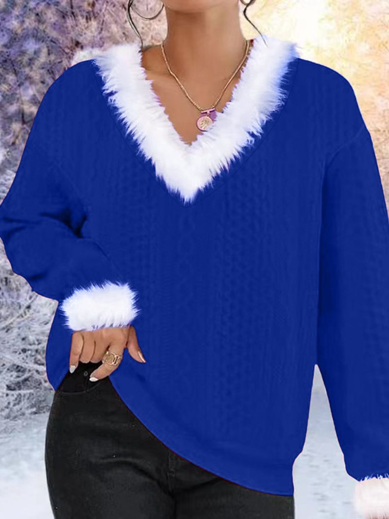 Top da donna in maglione a maniche lunghe con scollo a V in tinta unita sciolto_voghion.com