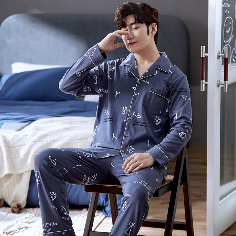 Pyjama en coton à col cardigan pour homme, ensemble pantalon à manches longues, simple et ample, collection automne/hiver 2022_voghion.com