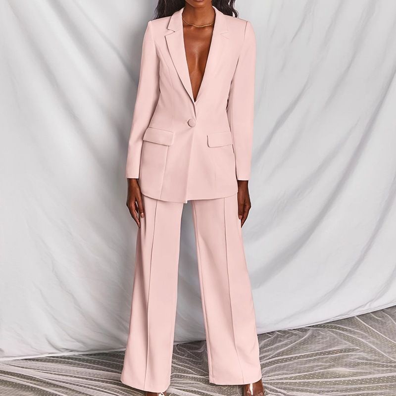 Mode Revers Langarm Anzug Mantel + Weite Bein Hosen 2-stück Set Für Frauen Frühling Herbst Elegante einfarbig Büro Anzug Weibliche_voghion.com