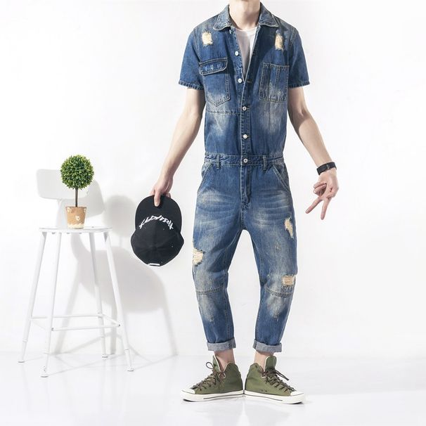 Cousin Tans Fortschritte bei einteiligen Arbeitshosen, Retro-Jeans im Used-Look, nostalgischem Latzhosen-Set mit neun Punkten, kurzärmeligen Herren_voghion.com