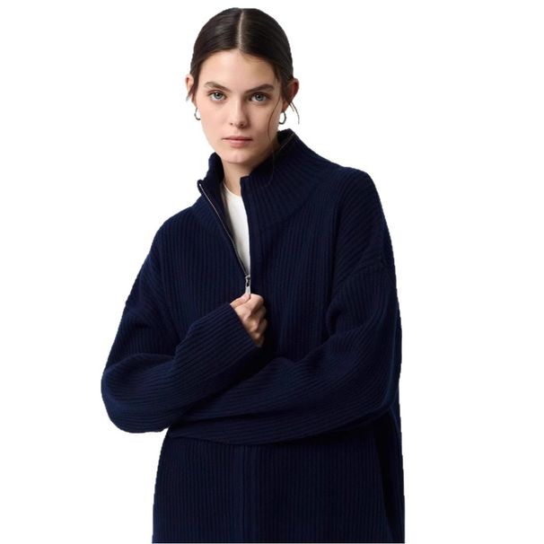 Women's Chunky Knit Zip-Up Cardigan - Oversized Fall Sweater With Half Neck & Drop Shoulder Sleeves (Champagne, Navy, Charcoal)_voghion.com
