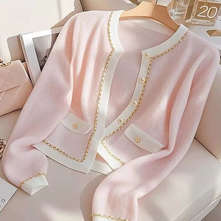 ​​Dopamine Pink Knit Cardigan – Color-Blocked Oversized Sweater With Statement Buttons​​_voghion.com