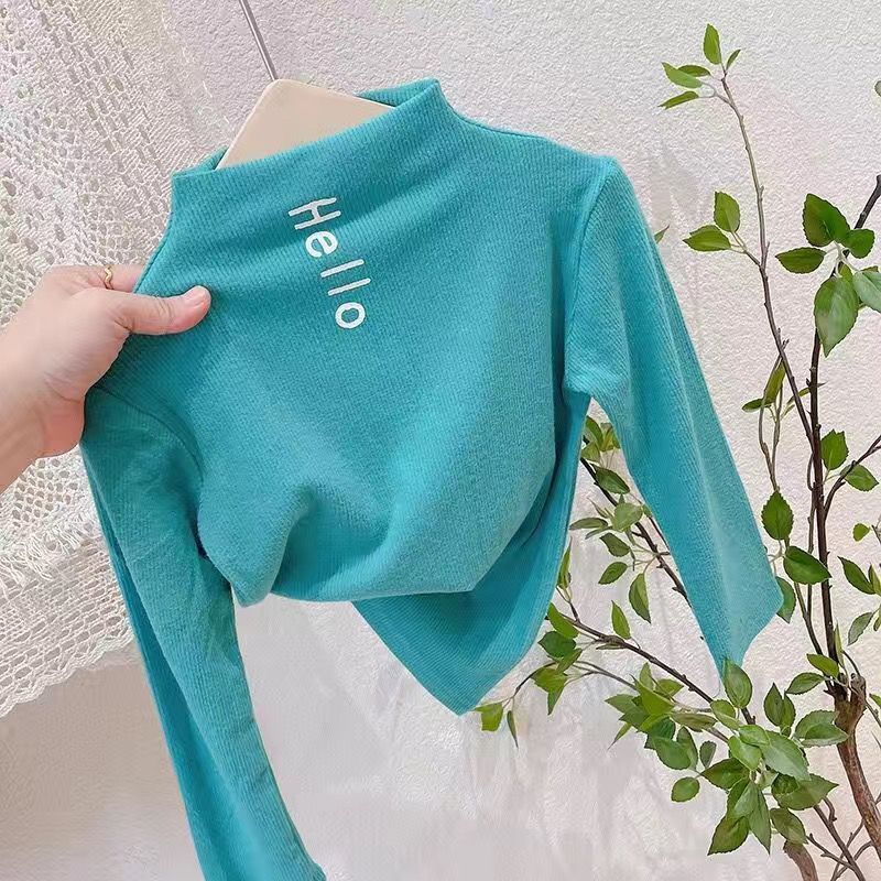 Kid's Clothing girls' bottoming shirts for babies, half high collar, solid color letters, internet celebrity T-shirt tops_voghion.com