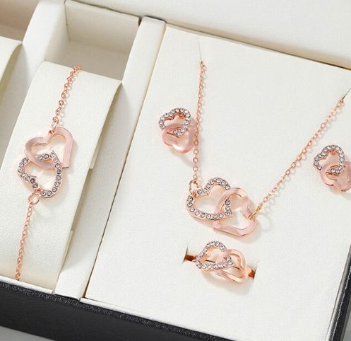 Elegante set di gioielli a forma di cuore per donna: collana, bracciale, orecchini, anello - oro, argento, oro rosa_voghion.com