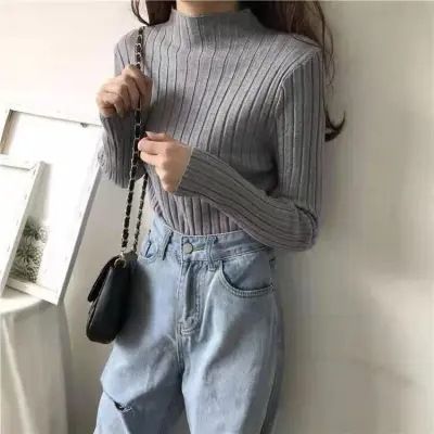 Pull côtelé à col roulé semi-haut pour femme – Coupe ajustée pour l'automne et l'hiver | Pièce polyvalente à superposer en noir, blanc, beige et plus encore._voghion.com