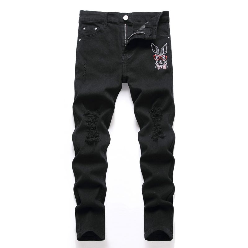 Vêtements pour enfants Pantalon en denim élastique déchiré brodé noir pur pour garçons pour enfants moyens et grands quatre saisons_voghion.com