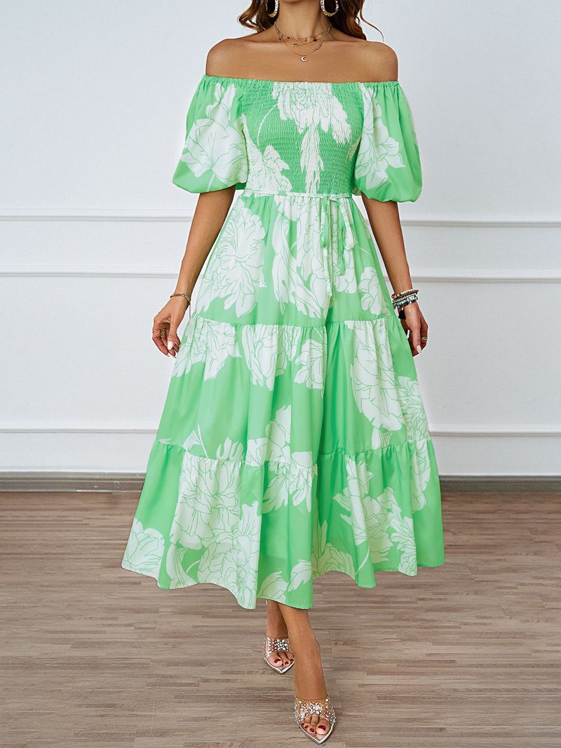 Robe trapèze élégante imprimée à une épaule et manches bouffantes pour femme_voghion.com