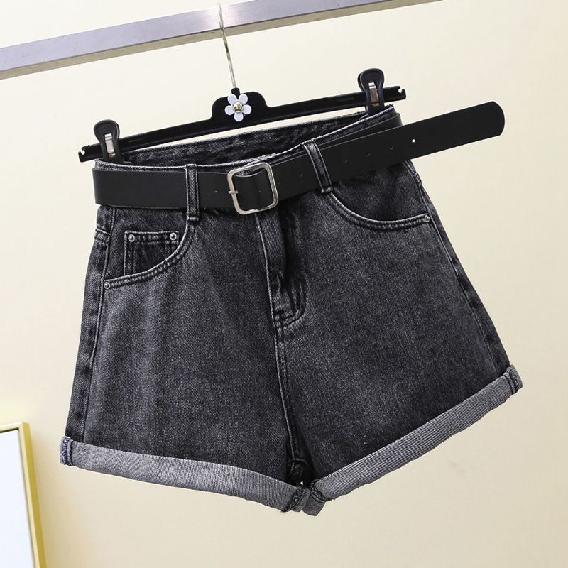 Black and gray denim shorts for female students in the summer of 2024, new rolled edge A-line that look slimming, Korean_voghion.com