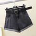 Black and gray denim shorts for female students in the summer of 2024, new rolled edge A-line that look slimming, Korean_voghion.com