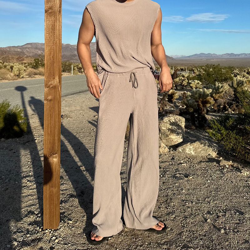 Herrenbekleidung Neue ärmellose Weste mit Rundhalsausschnitt Frühling und Sommer lässige lockere Hose Zweiteiliger Anzug Herrenbekleidung_voghion.com