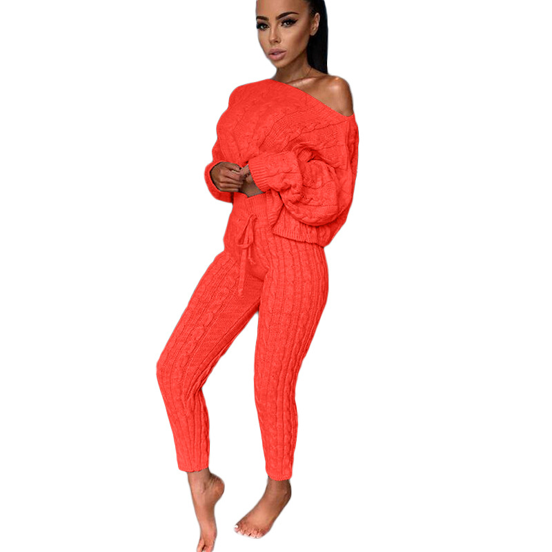 Damenmode-Set, Rundhalsausschnitt, Wollstrickhose, Langarm-Set, Pullover_voghion.com